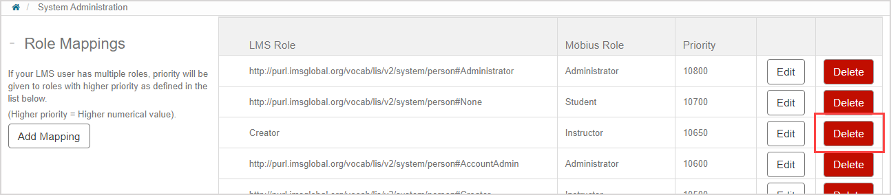 In the new row of the Role Mappings table, the Delete button in the fifth column is highlighted.
